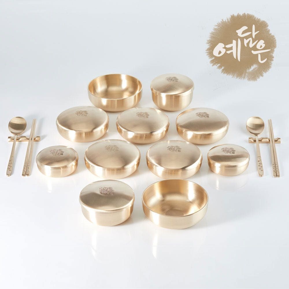 YEDAMUN Premium Bangjja Bronze Plum Seven-Dish Korean Tableware Set for Two – Handmade Traditional Yugi Brass | Korean Traditional Golden Cutlery Dinnerware _ Made in KOREA